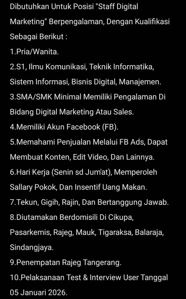 Lowongan Kerja Staff Digital Marketing