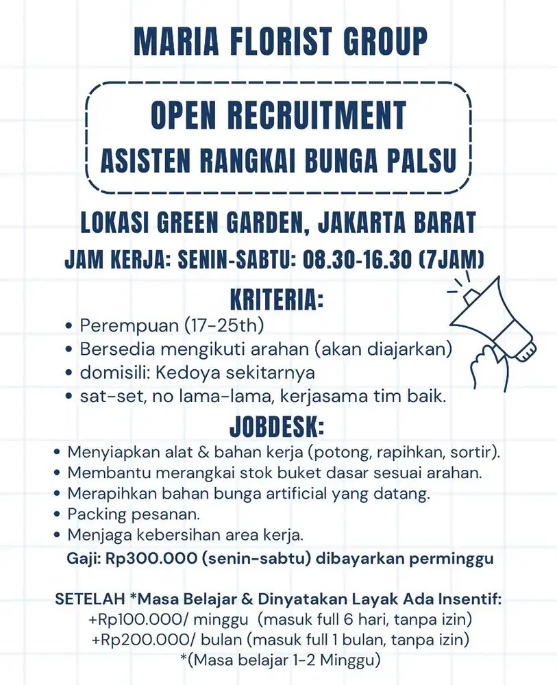 Loker Asisten Perangkai Bunga - Florist Wanita Kedoya