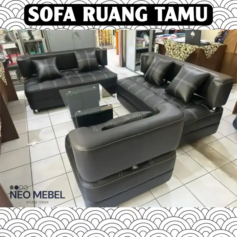 Sofa ruang tamu 2+2+1 dudukan, termasuk meja. Kapasitas 5 orang.