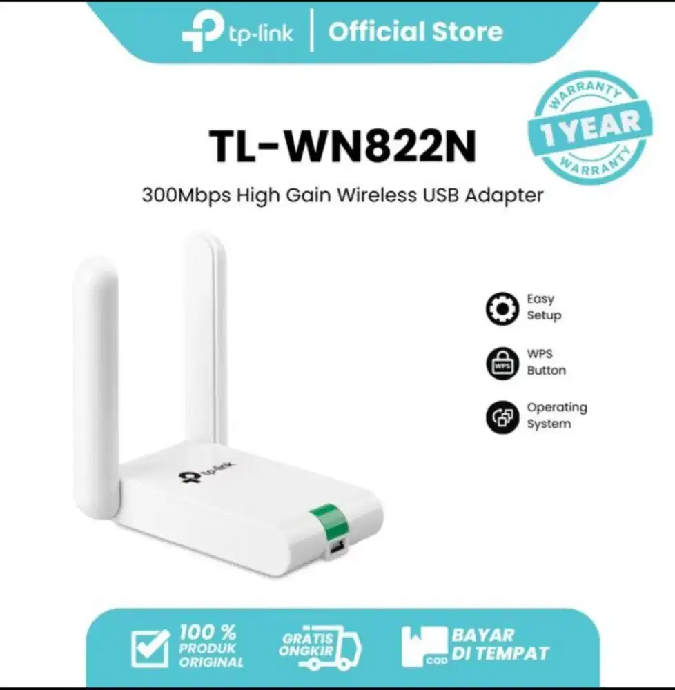 TL-WN822N 300Mbps High Gain Wi-Fi USB Adapter, 2T2R, 2.4GHz