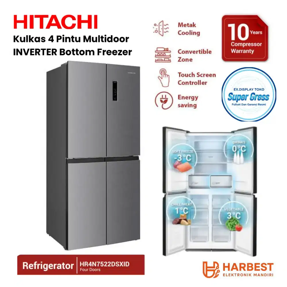 HITACHI Kulkas Multidoor 4 Pintu 466L HR-4N7522DSXID Multizone Desain