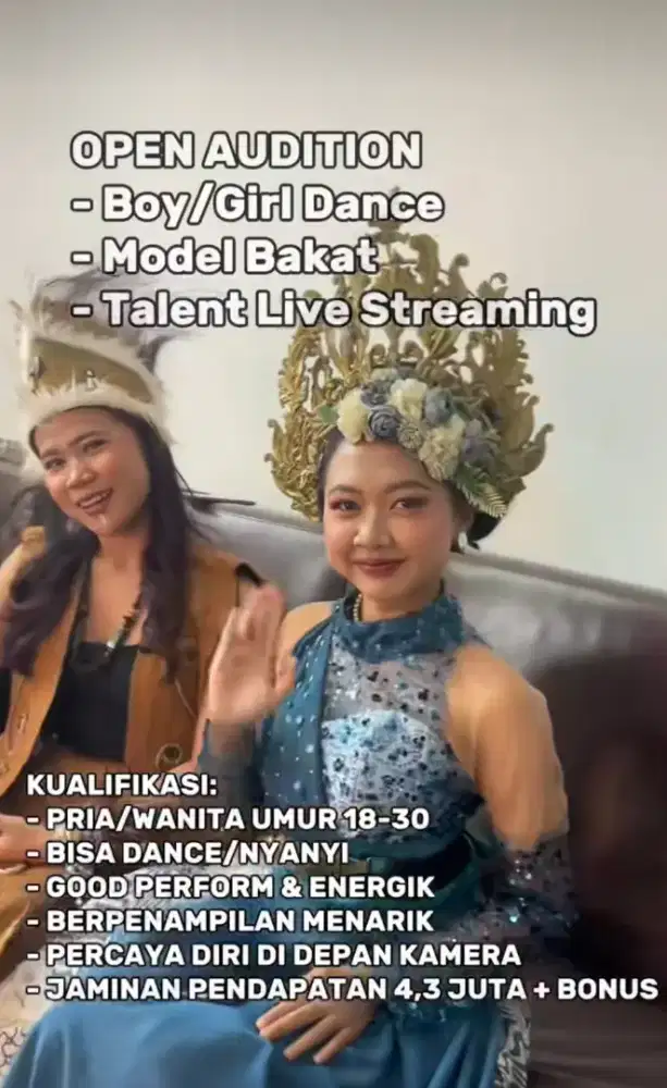 Di butuhkan segera cewek/cowok usia 18thn s/d 30thn, host live tik tok