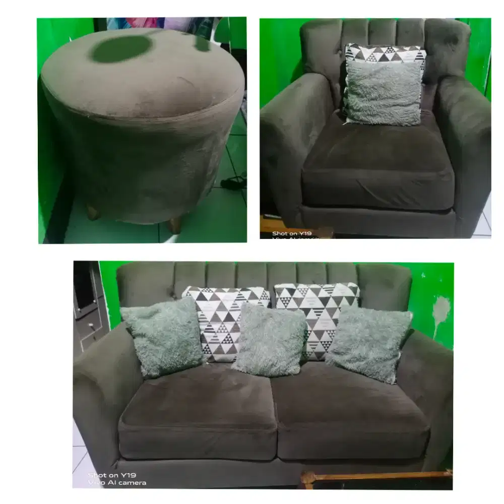 Jual sofa set Velvet minimalis (2+1+Pouf) Bonus Bantal