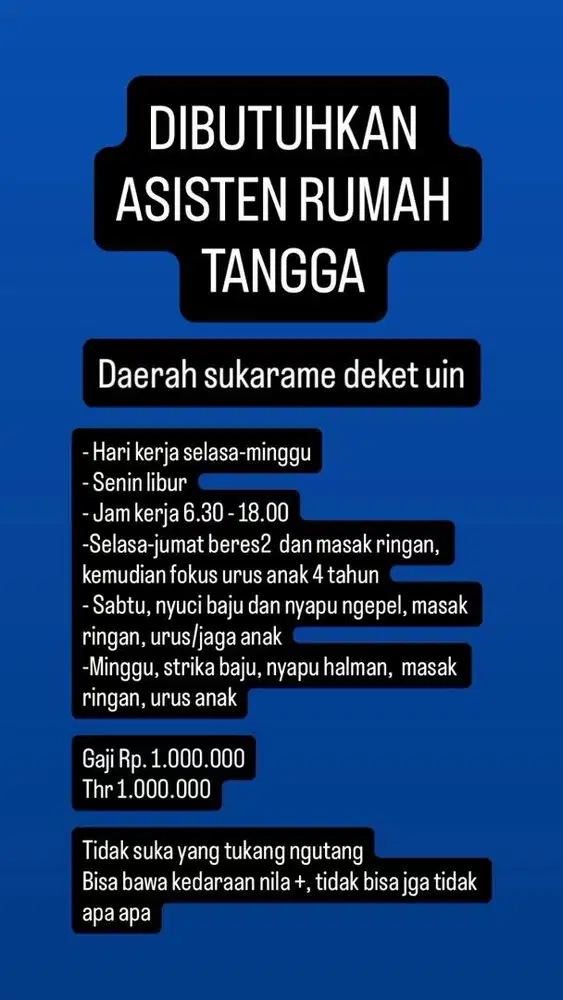 DIBUTUHKAN ASISTEN RUMAH TANGGA, DAERAH SUKARAME