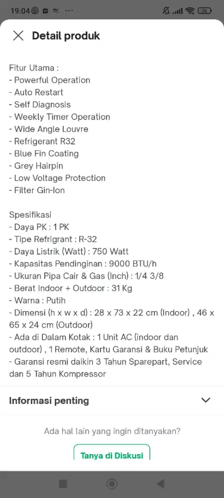 Ac Daikin FTC25YV14 baru dan segel