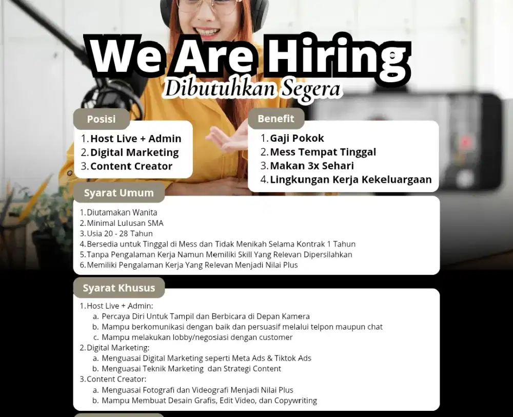 Dibutuhkan Segera Admin Host Live Digital Marketing Konten Kreator