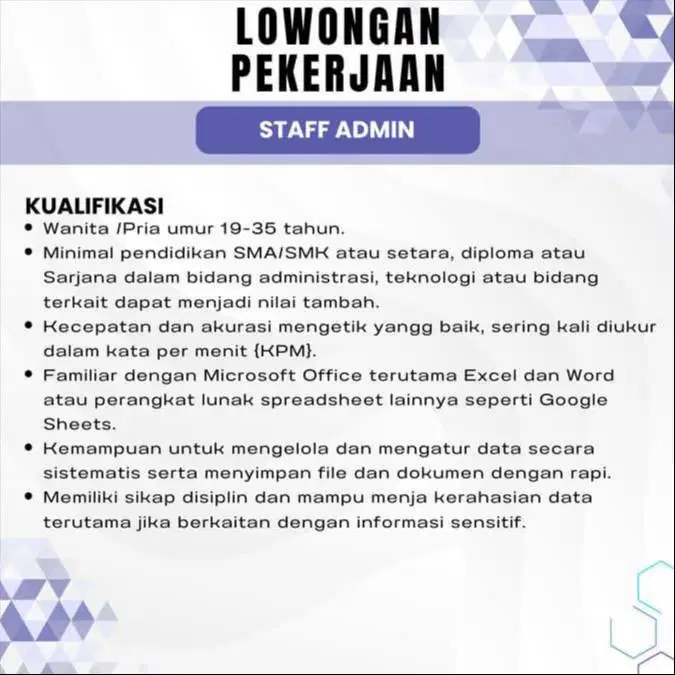 DI CARI STAFF ADMIN