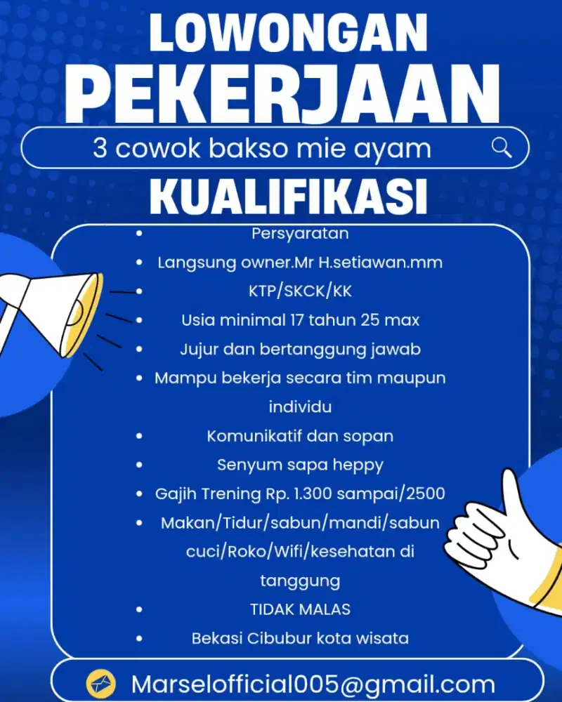 Di cari 3 pekerja cowok