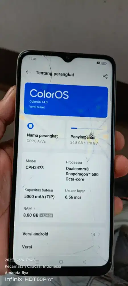 Opo  a77s resmi opo  8+8/128 mnus retak normal LCD orian