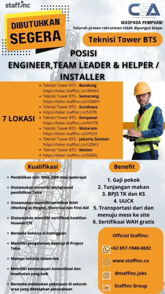TEKNISI TOWER BTS, ENGINEER, TEAM LEADER DAN HELPER/INSTALASI