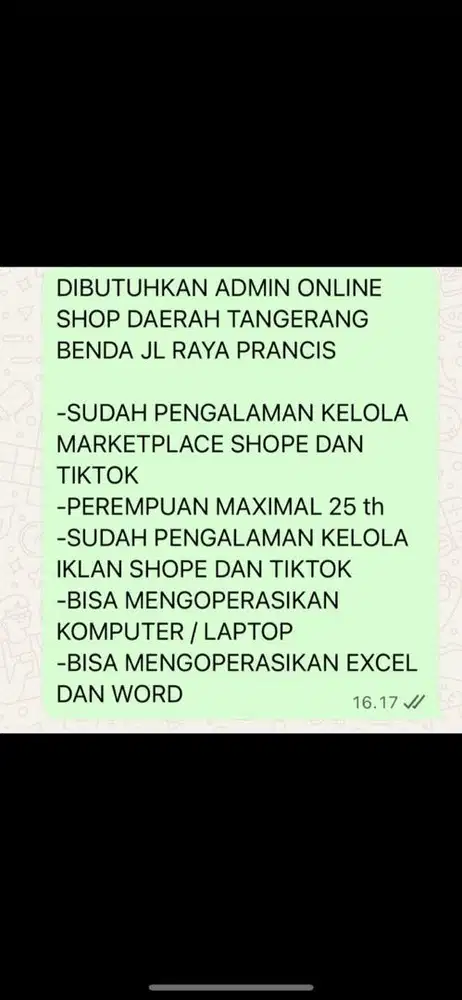 DI CARI ADMIN ONLINE SHOP BERPENGALAMAN