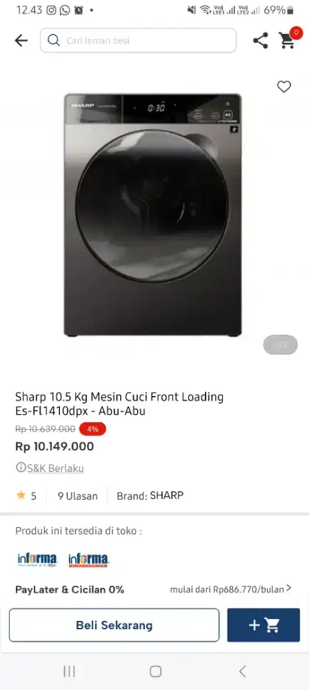 WM SHARP FRONT LOAD 10.KG