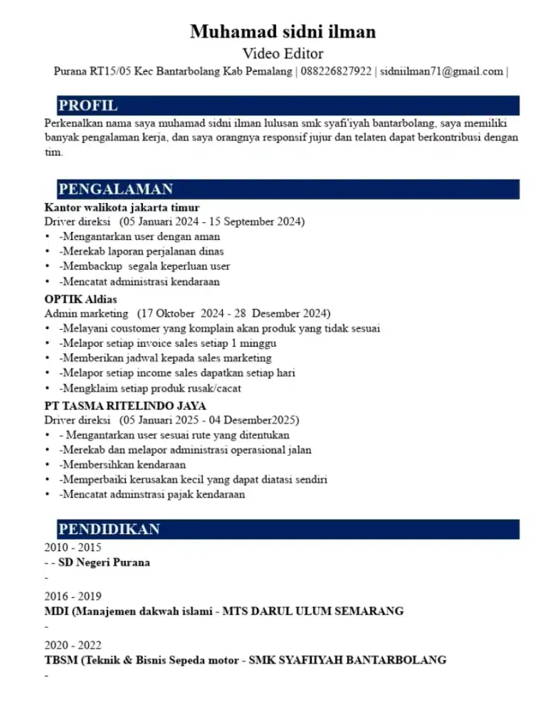 Cari Kerja/Driver/Admin/Barista