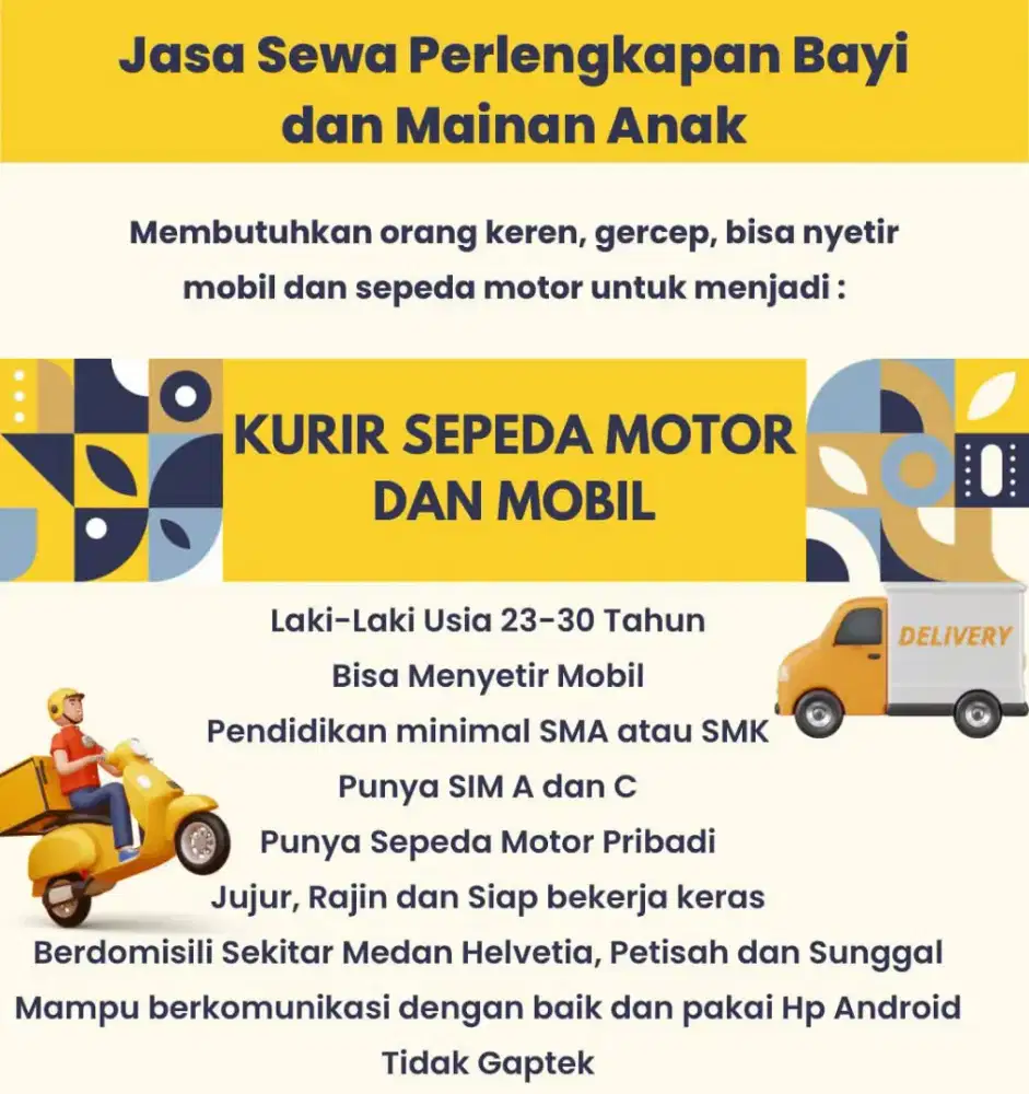 DICARI : KURIR ANTAR JEMPUT UNTUK RENTAL PERLENGKAPAN BAYI