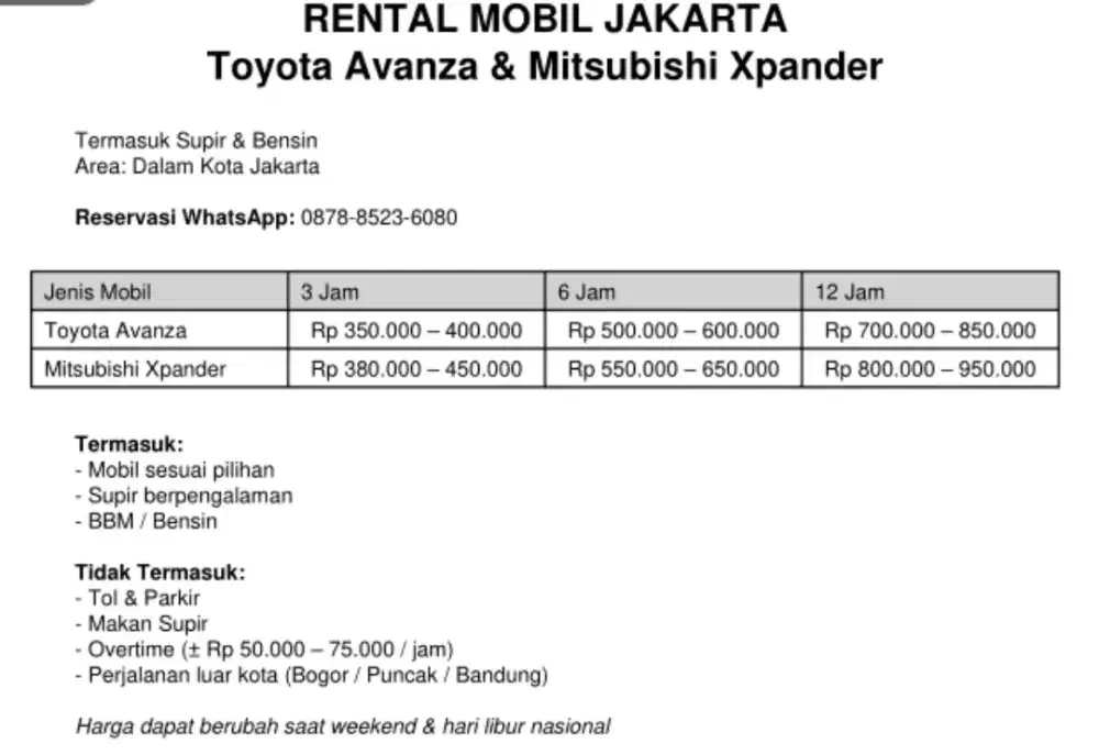 Rental Mobil + Supir