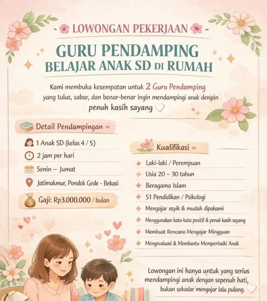 FREELANCE - GURU PENDAMPING BELAJAR ANAK SD DI RUMAH
