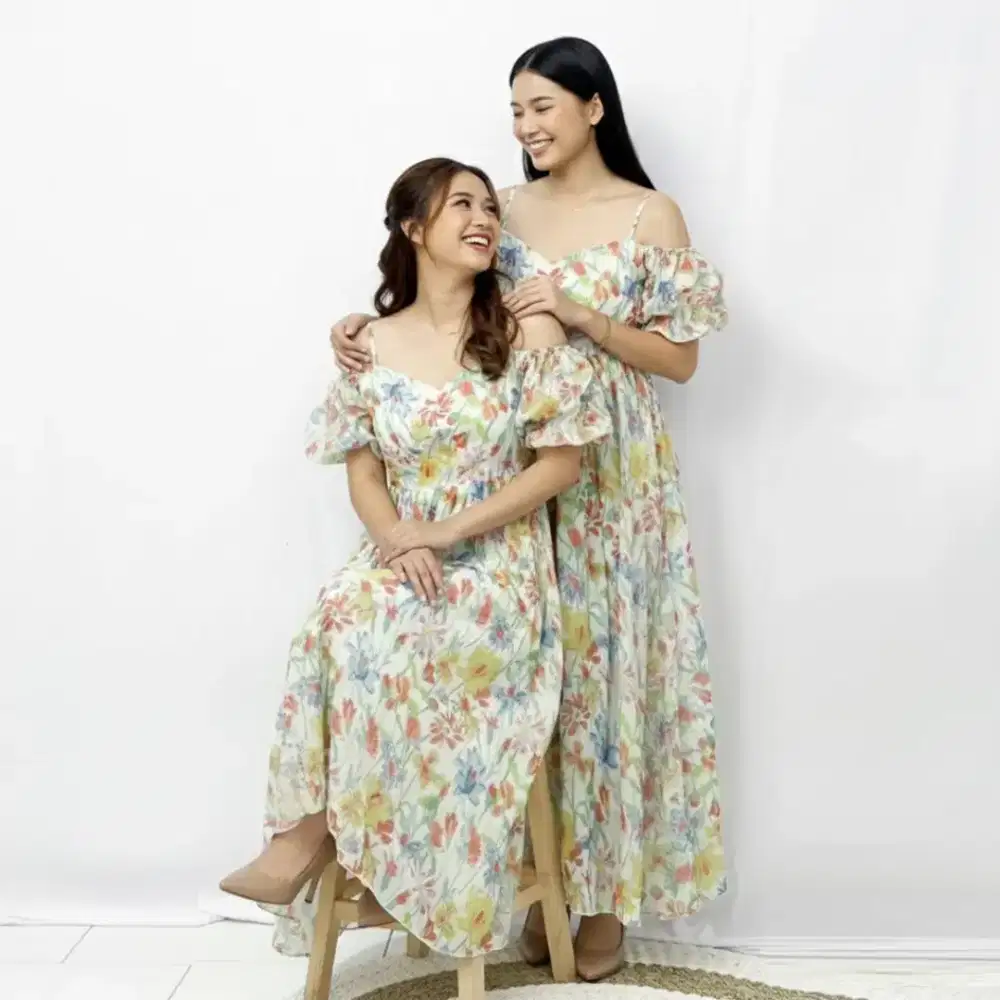 Dress Kondangan Wanita Off Shoulder Organza Floral Elegan