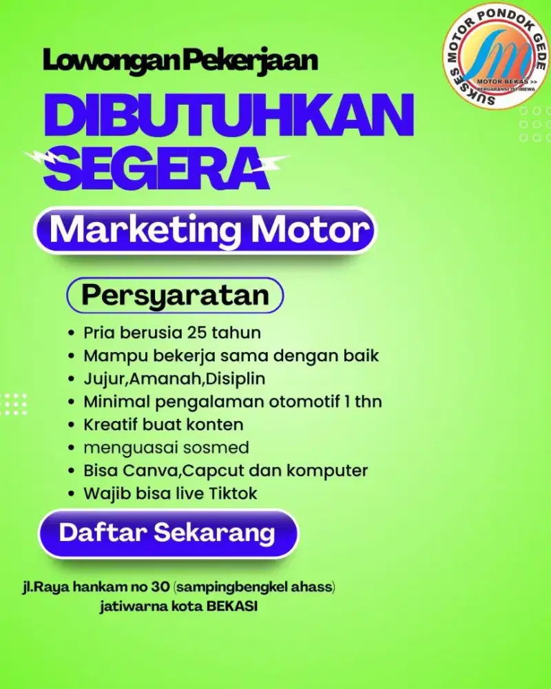 DIBUTUHKAN SALES MARKETING MOTOR SECOND