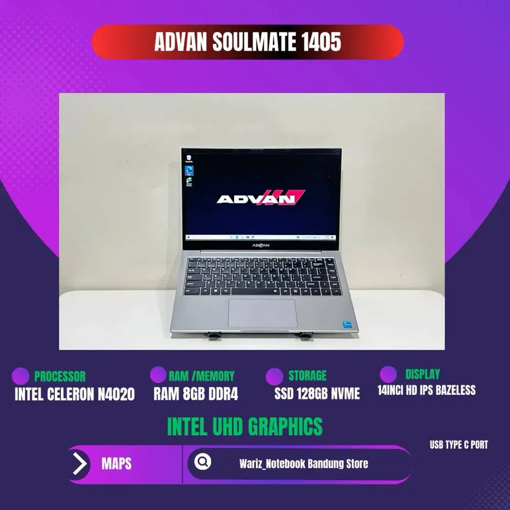 ADVAN SOULMATE 1405 INTEL N4020 RAM 8GB SSD 128GB 14inci HD IPS
