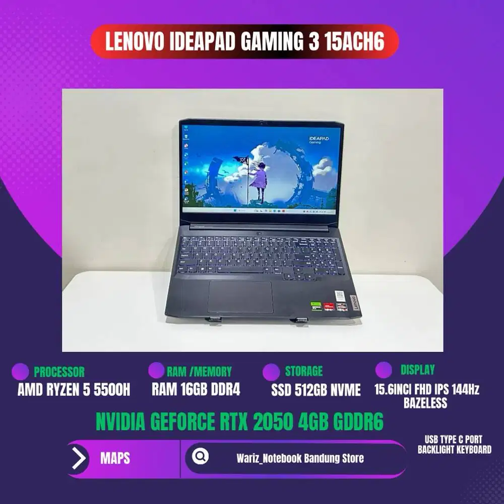 LENOVO IDEAPAD GAMING 3 15ACH6 RYZEN 5 5500U RAM 16GB SSD 512GB NVIDIA