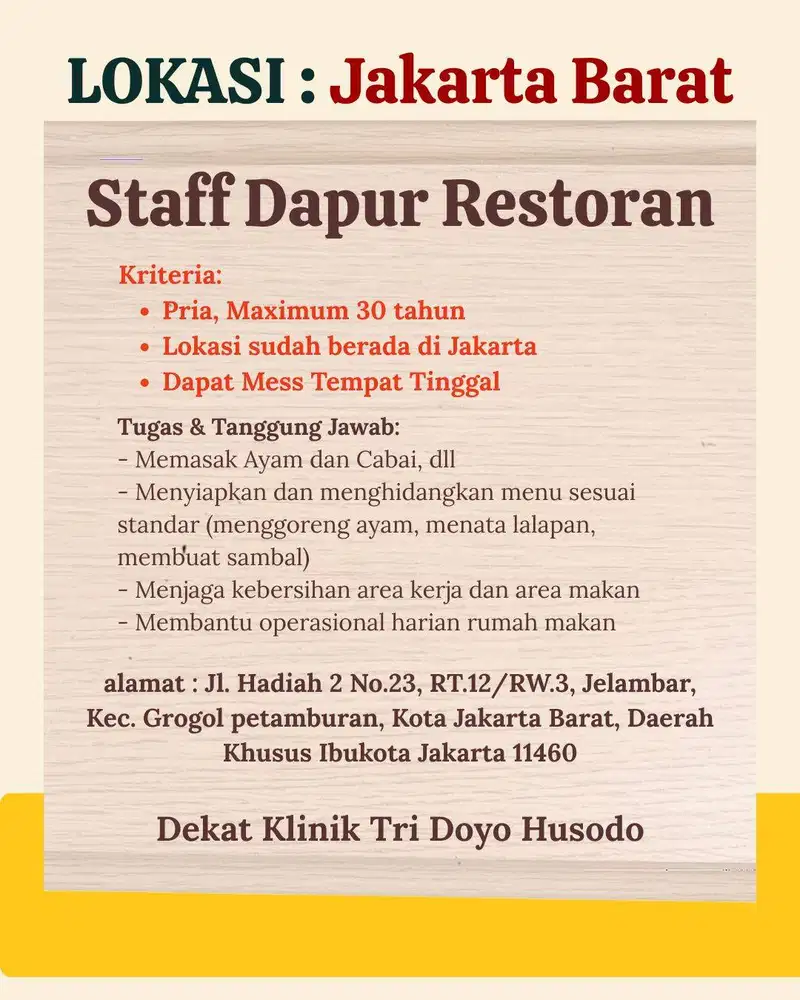 Lowongan Pekerjaan: Staff Dapur Rumah Makan