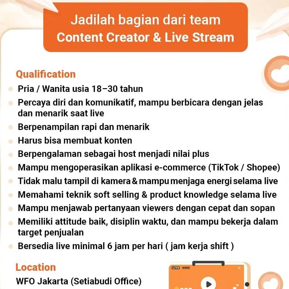 Host Live Streaming & Content Creator (Full Time)