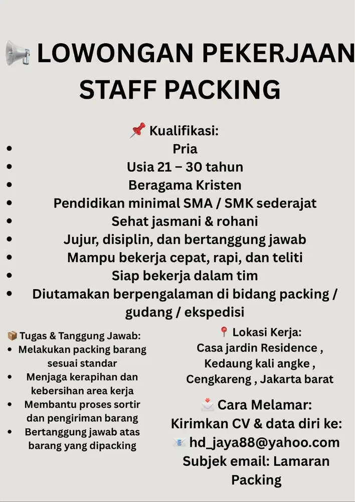 LOWONGAN PEKERJAAN STAFF PACKING