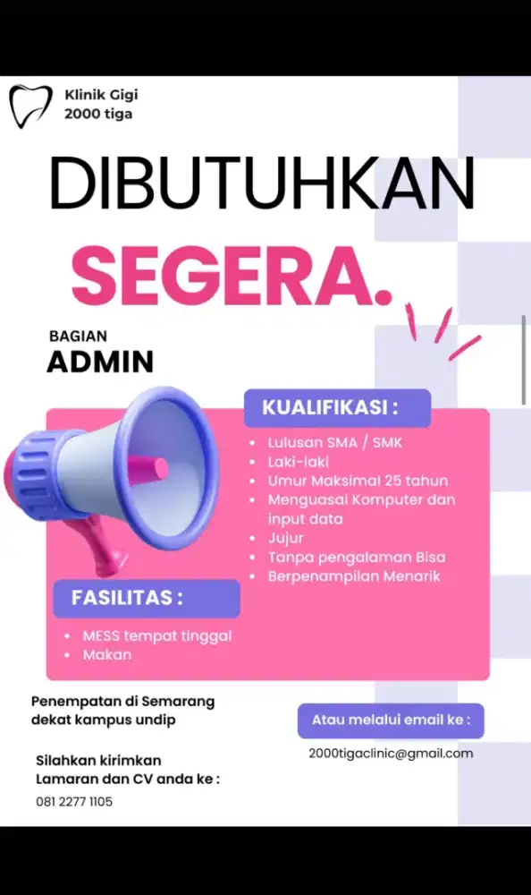 Dibutuhkan admin klinik gigi