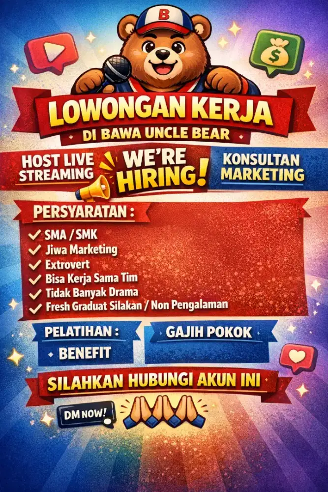 DIBUTUHKAN SEGERA
HOST LIVE STREAMING & KONSULTAN MARKETING