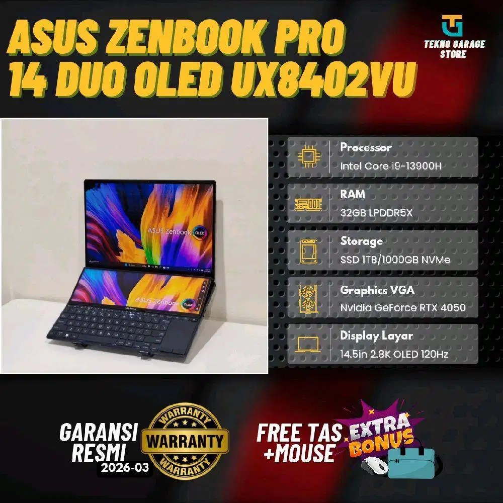 ASUS ZENBOOK PRO 14 DUO OLED UX8402VU CORE I9-13900H RAM 32GB SSD 1TB