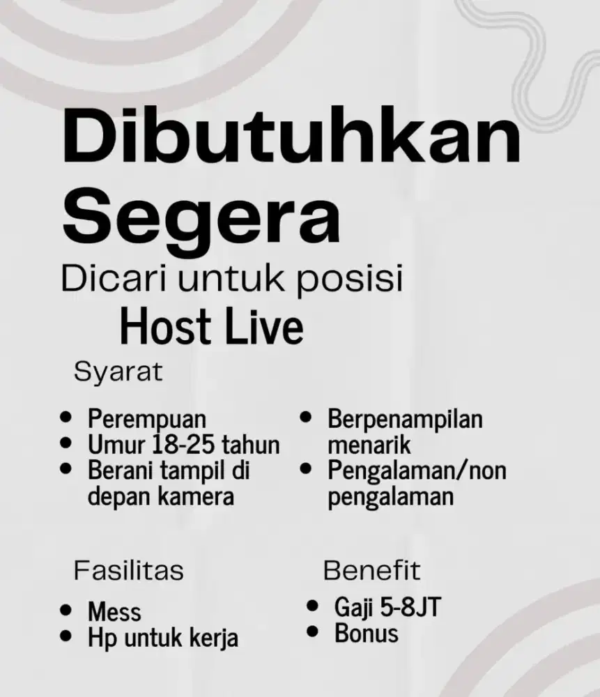 DI BUTUHKAN SEGERA!! LOWONGAN KERJA HOST LIVE