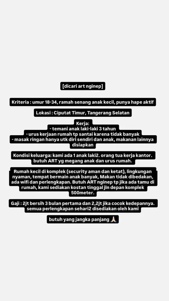 Loker ART Momong Nginap di Ciputat