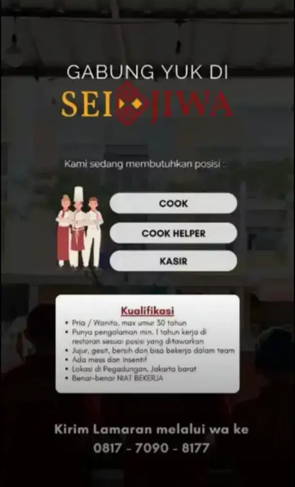 Lowongan cook helper dan waiters rangkap kasir, penempatan kalideres