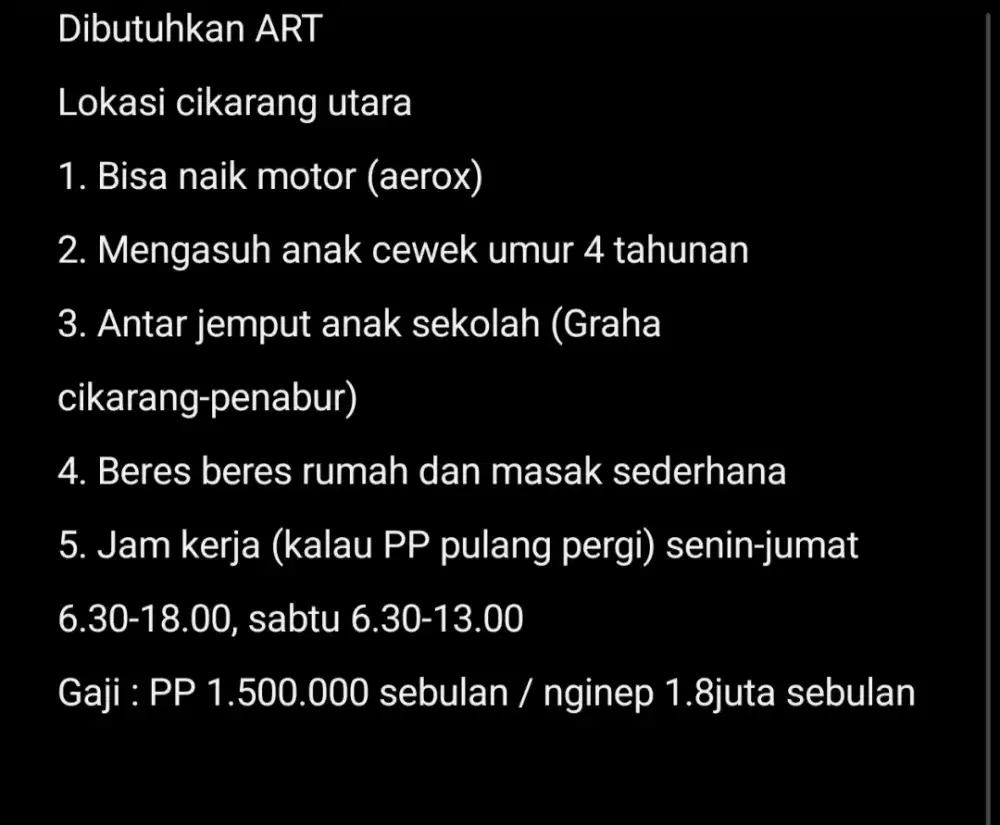 Dicari ART PP / menginap area cikarang utara