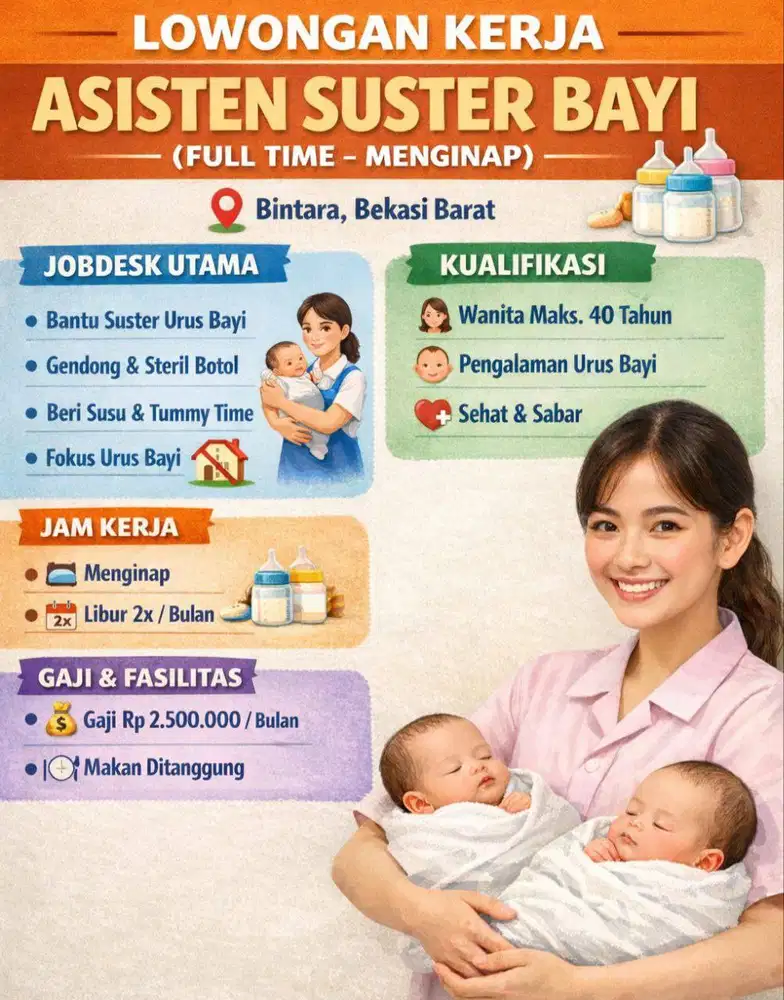 LOWONGAN KERJA ASISTEN SUSTER BAYI KEMBAR (FULL TIME – MENGINAP)