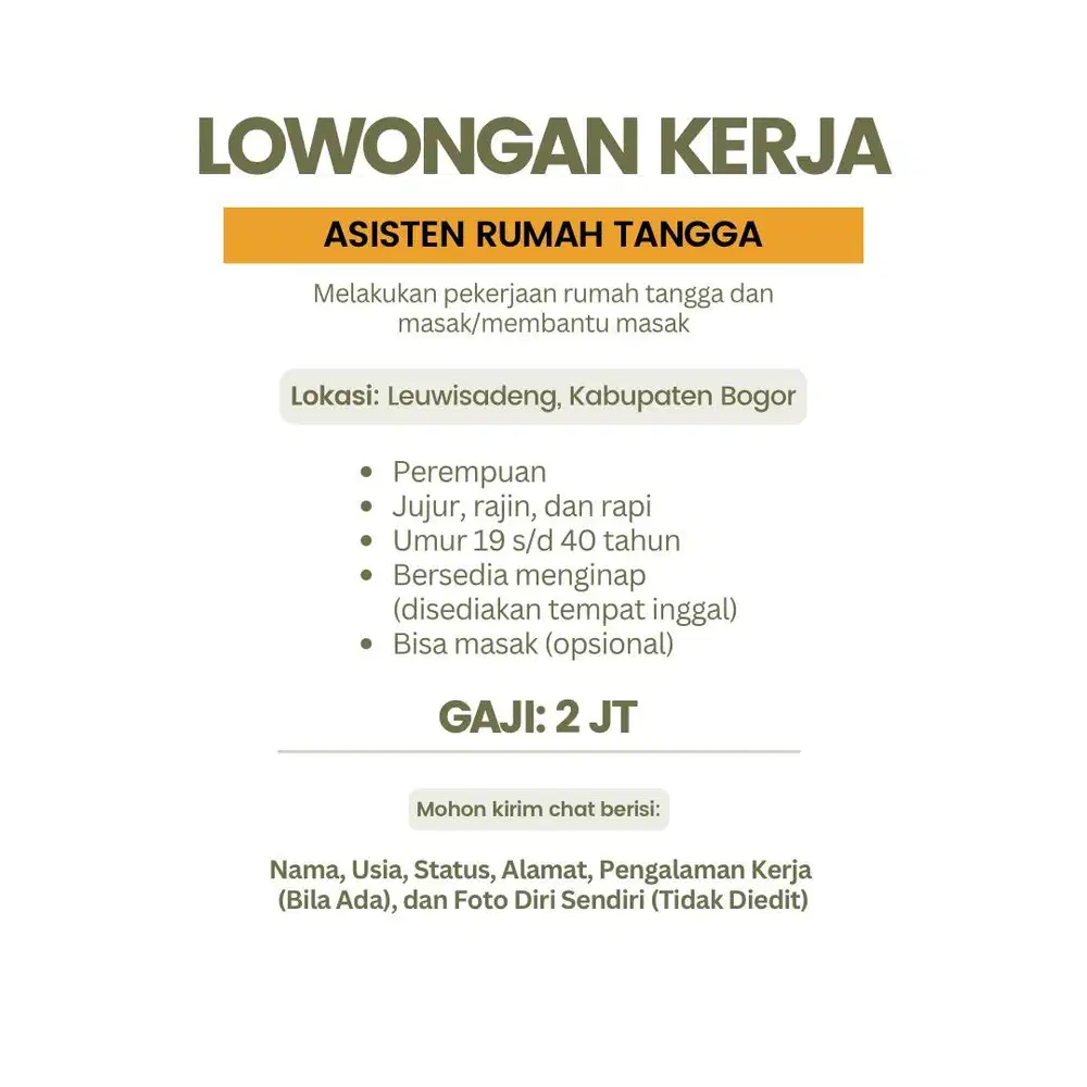 Lowongan Kerja Asisten Rumah Tangga (ART)