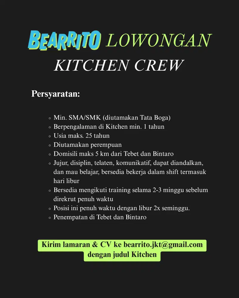 LOWONGAN KERJA KITCHEN CREW DAN SERVICE CREW