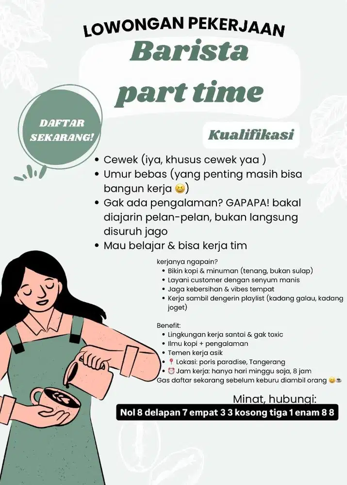 Lowongan kerja barista perempuan no pengalaman