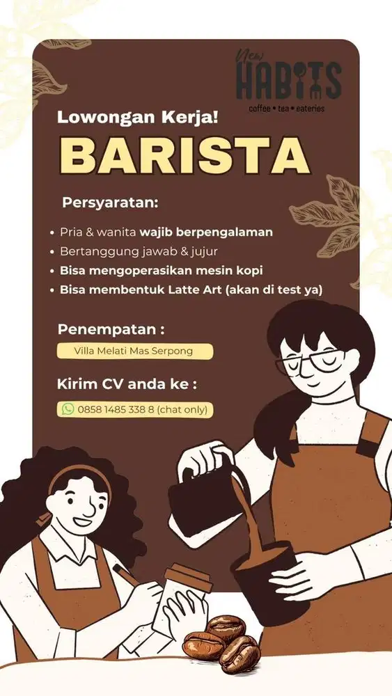 Dicari Barista berpengalaman lokasi serpong