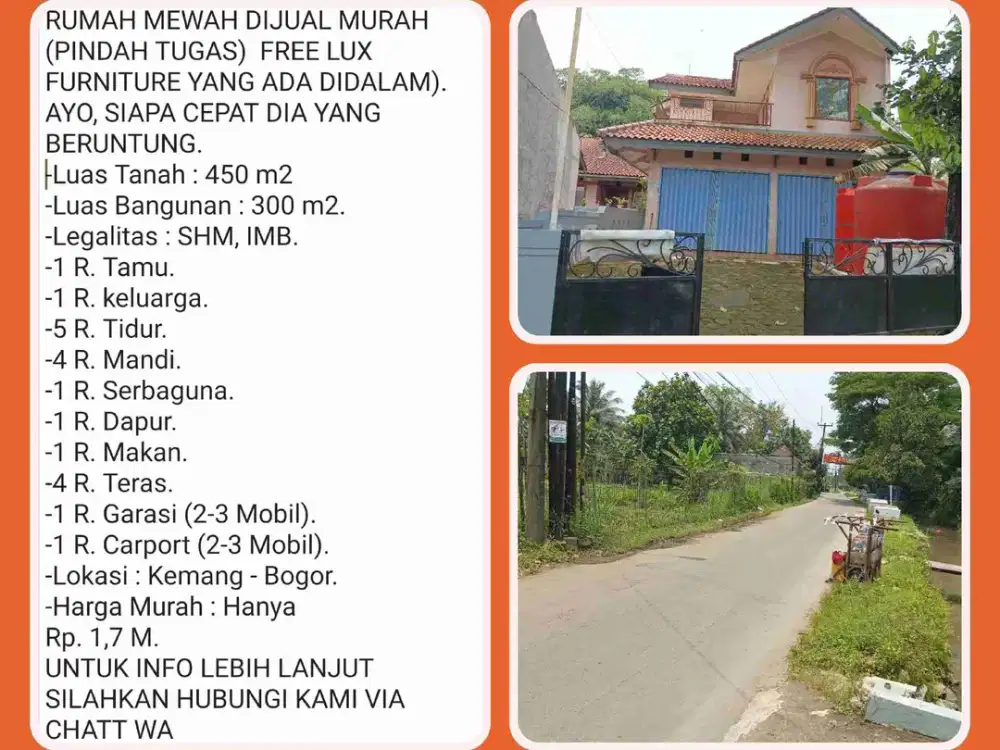 Rumah Mewah jual murah Pinggir Jalan Raya – Pemilik Pindah Tugas Lokasi di KEMANG-BOGOR.