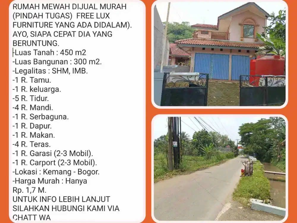 Rumah Mewah Pinggir Jalan Raya Kabupaten – Nilai Investasi Terus Naik, Lokasi di KEMANG-BOGOR.