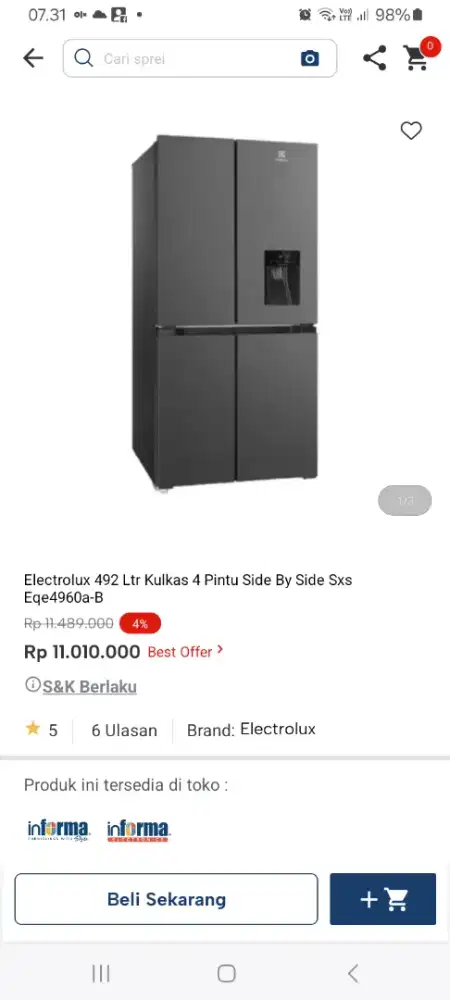 PROMO KREDIT EELCTROLUX 492 LTR KULKAS 4 PINTU SBS