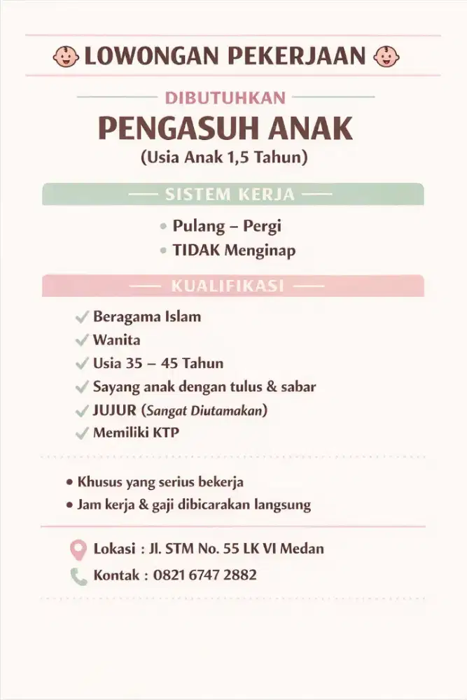 Dicari Pengasuh Anak Usia 1.5 Tahun