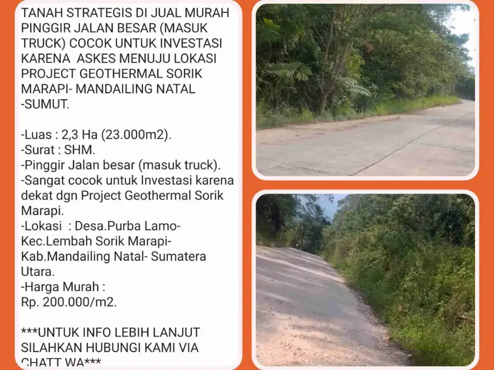 TANAH PINGGIR JALAN BESAR MASUK TRUCK – COCOK GUDANG & USAHA di Mandailing Natal.