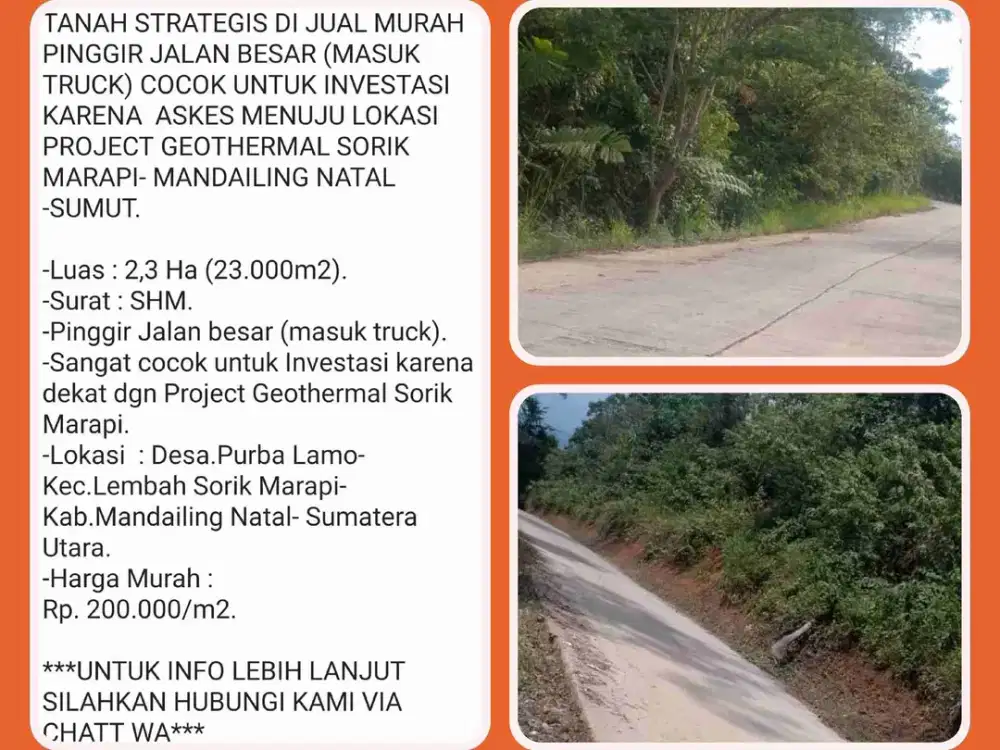 TANAH PERTANIAN STRATEGIS – LUAS, AKSES MUDAH & SUBUR di Sorik Marapi-Mandailing Natal.