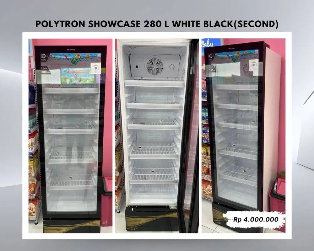 POLYTRON SHOWCASE 280 L PUTIH HITAM – SECOND (KONDISI NORMAL)