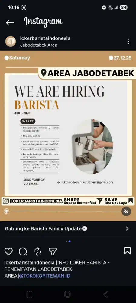 Lowongan barista jabodetabek