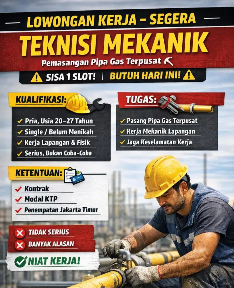 LOWONGAN KERJA  TEKNISI MEKANIK (SEGERA)  max 27 thn