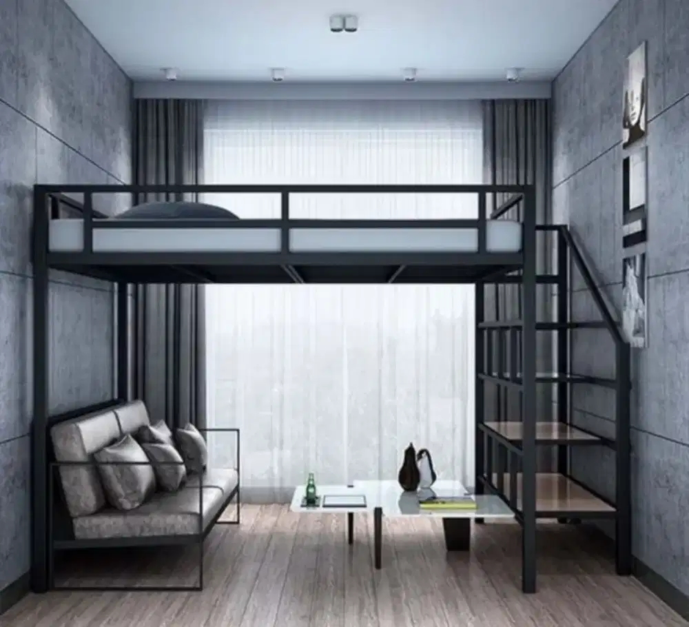 Mezanine dak besi hollo galvanis, Tangga trap kayu pegangan besi hollo