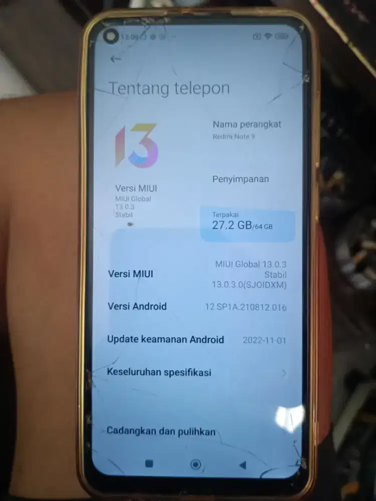Xiomi note 9 minus lcd retak